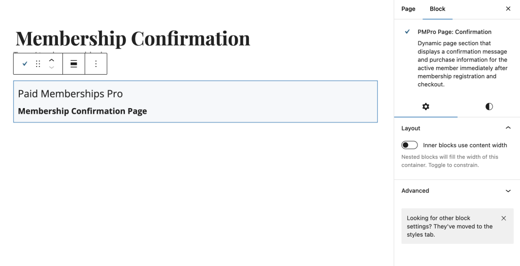 Screenshot of Membership Confirmation Page block in the WordPress block editor