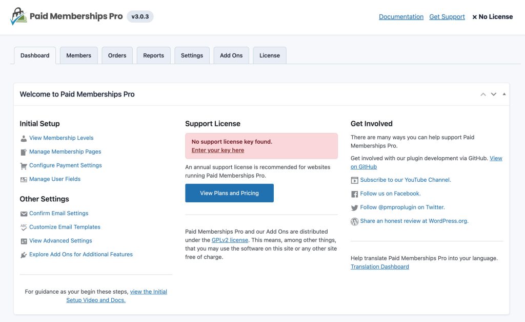 Paid Memberships Pro Membership Dashboard without Valid License