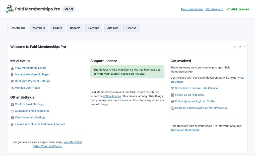 Paid Memberships Pro Membership Dashboard with Valid License