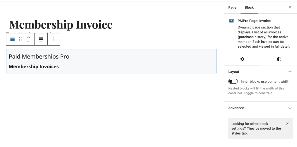 Screenshot of Membership Invoices Page block in the WordPress block editor