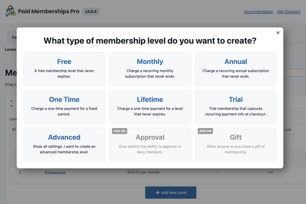 Screenshot of membership level template options