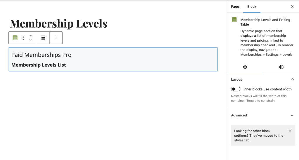 Screenshot of Membership Levels List Page block in the WordPress block editor