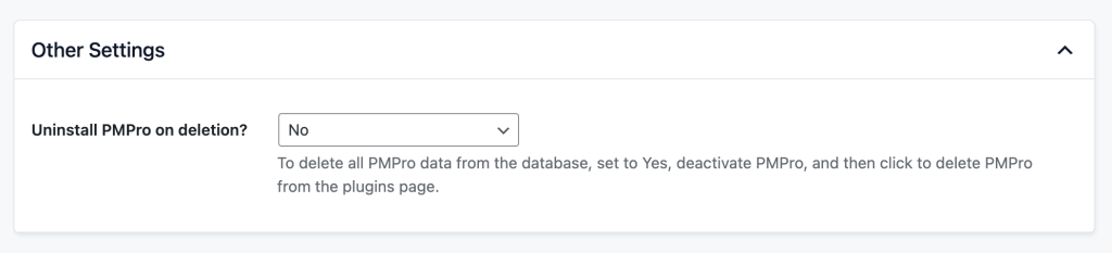 Screenshot of Advanced Settings to uninstall and delete all PMPro data on deactivation