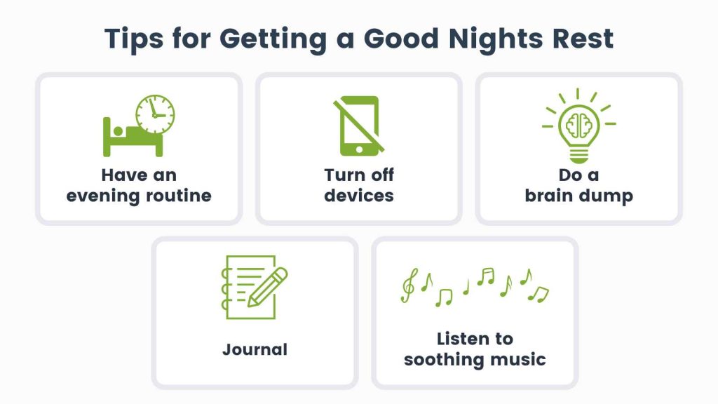 Infographic of Andrew's Tips to Getting a Good Night's Rest. 