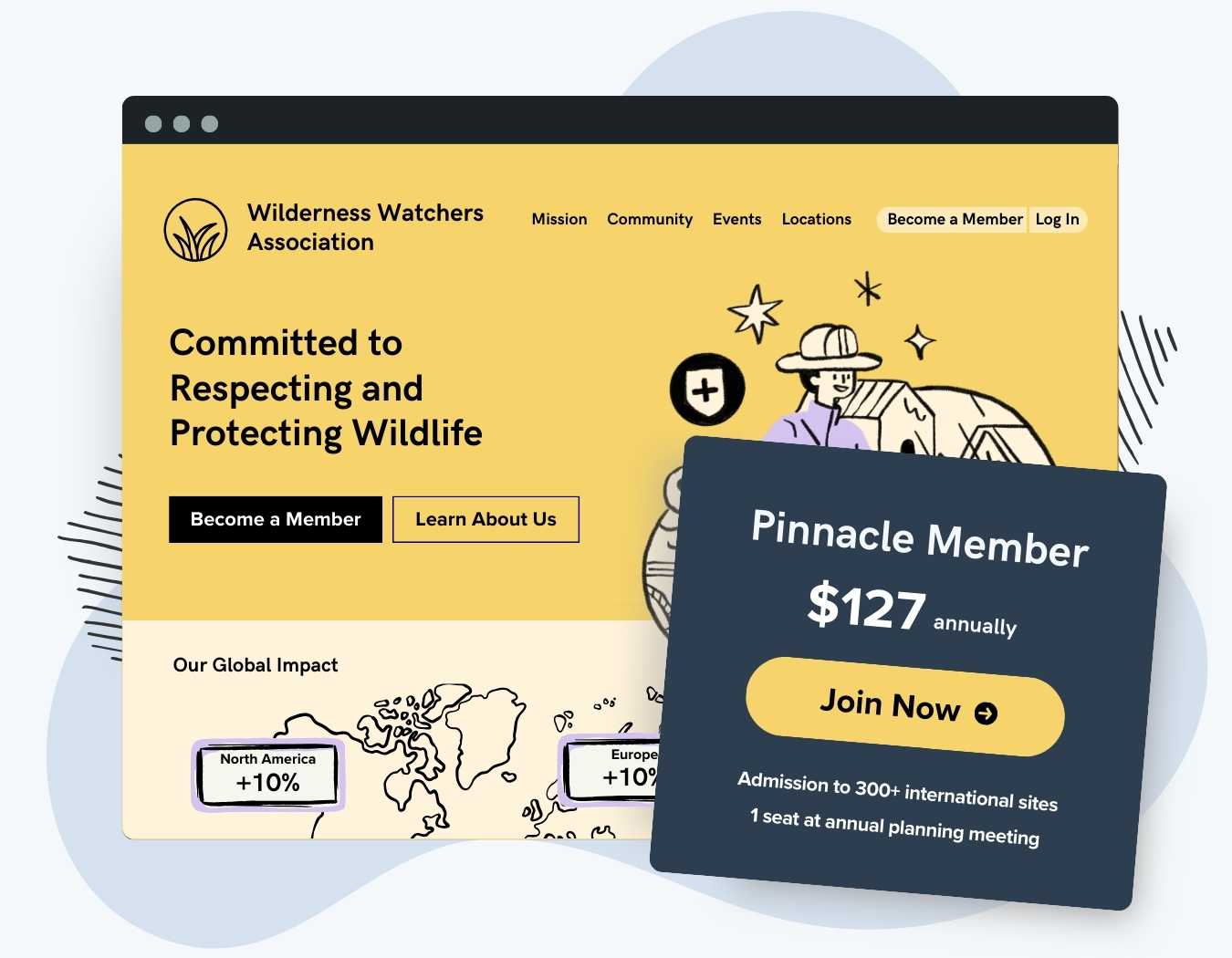Screenshot of a wildlife association website with a pricing block to become a member for $127 annually