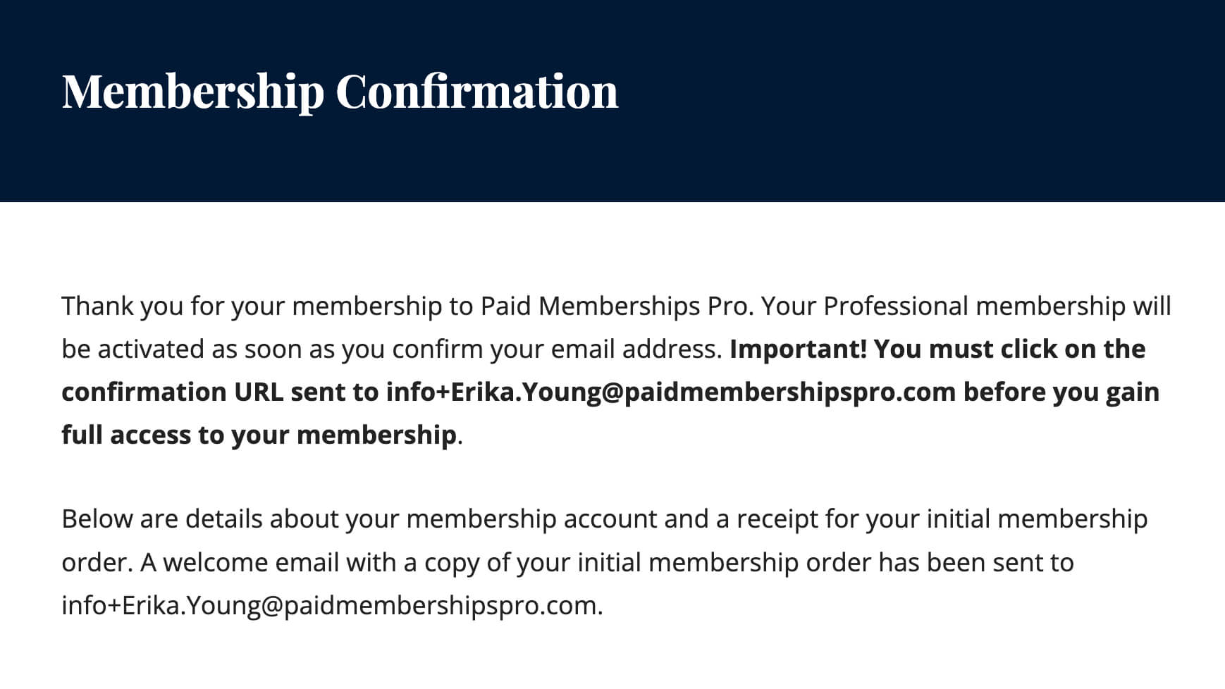 Screenshot of Membership Confirmation page verifying the requirement to click on the confirmation URL sent to the members email account