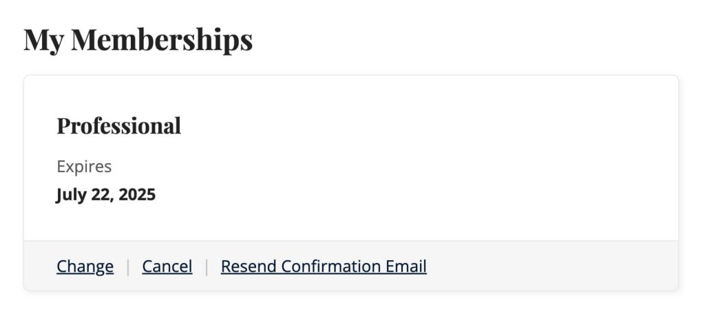 Screenshot of the Membership Account page when a member needs to confirm email. Option to resend confirmation email.