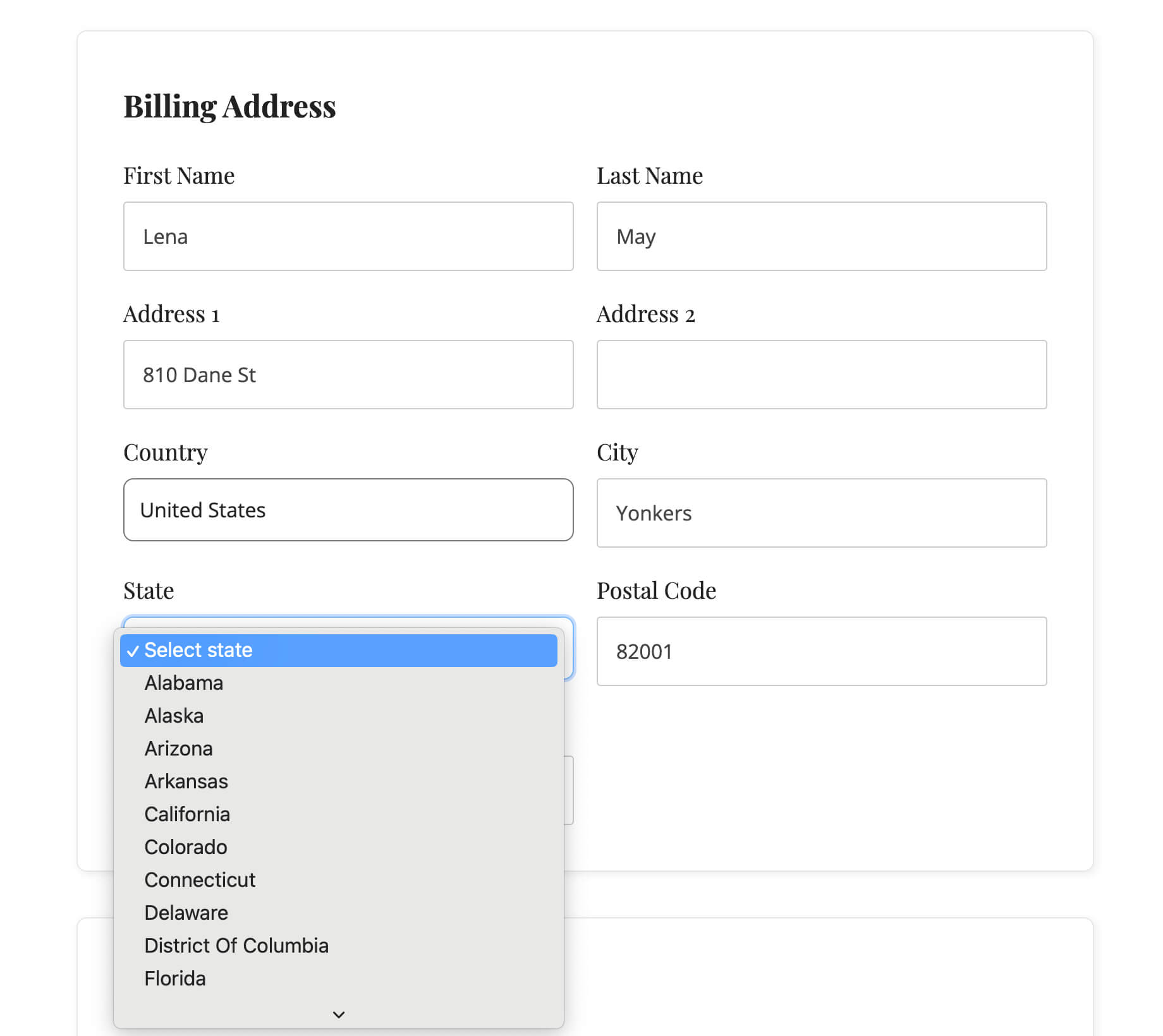 Screenshot of the State Dropdown options when United States is selected for the country. 