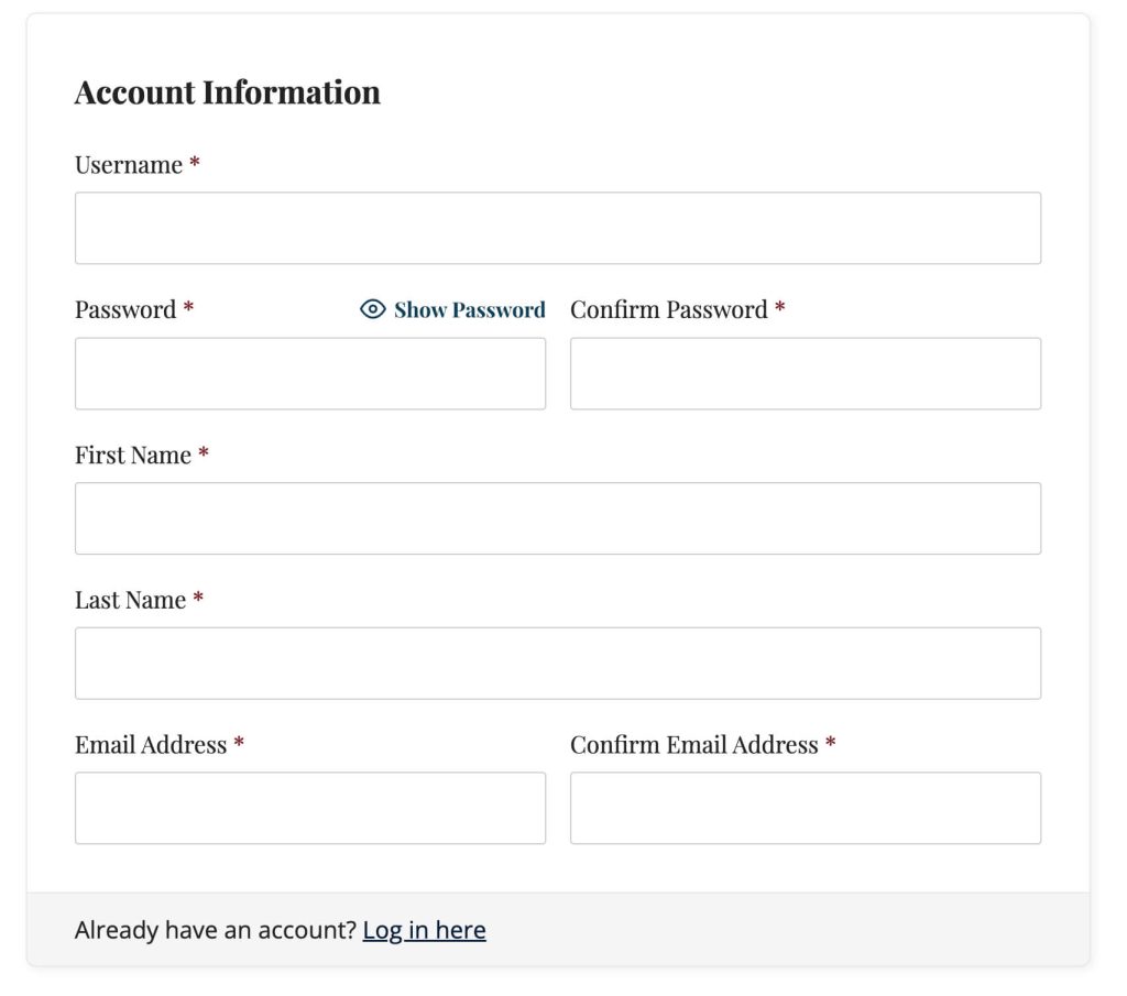 Screenshot of membership checkout page with first and last name fields in the account information section.