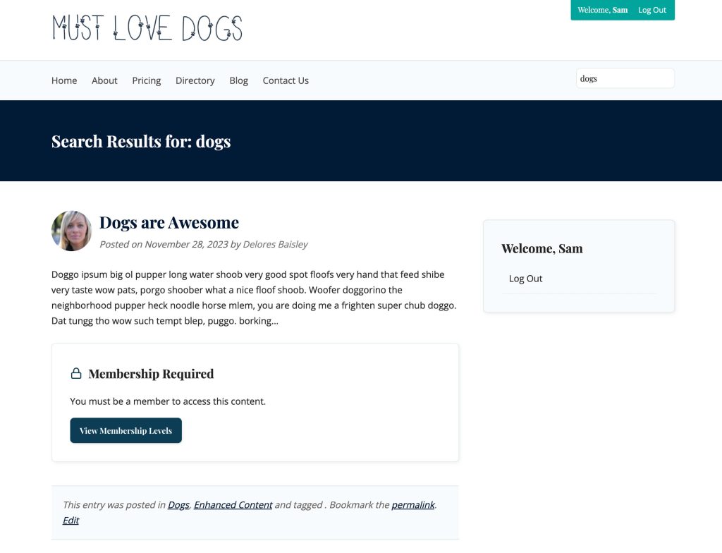 Screenshot of our recipe example showing Dog content in the search