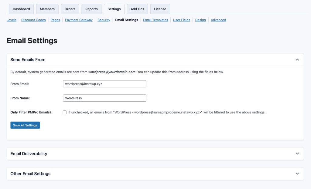 Screenshot of Paid Memberships Pro Email Settings