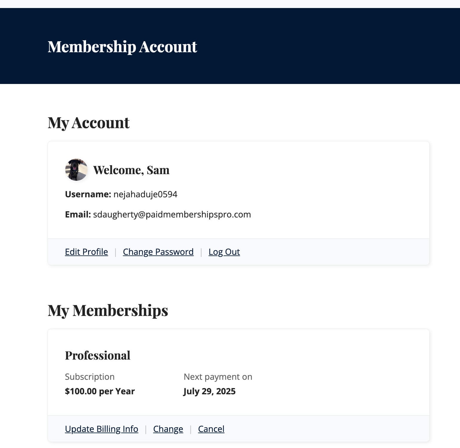 Screenshot of the Membership Account page