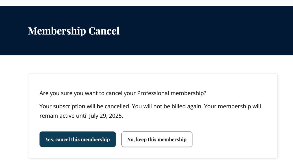 Screenshot of the frontend Membership Cancel Page 