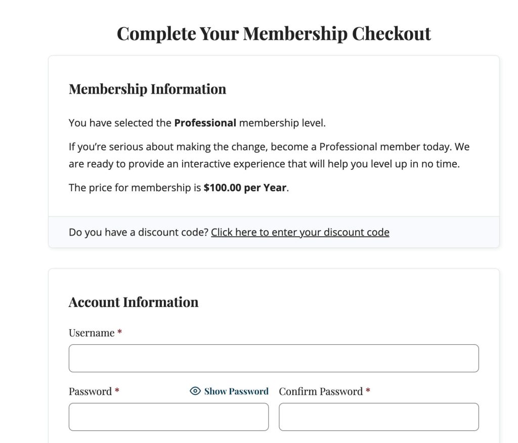 Screenshot of Membership Checkout