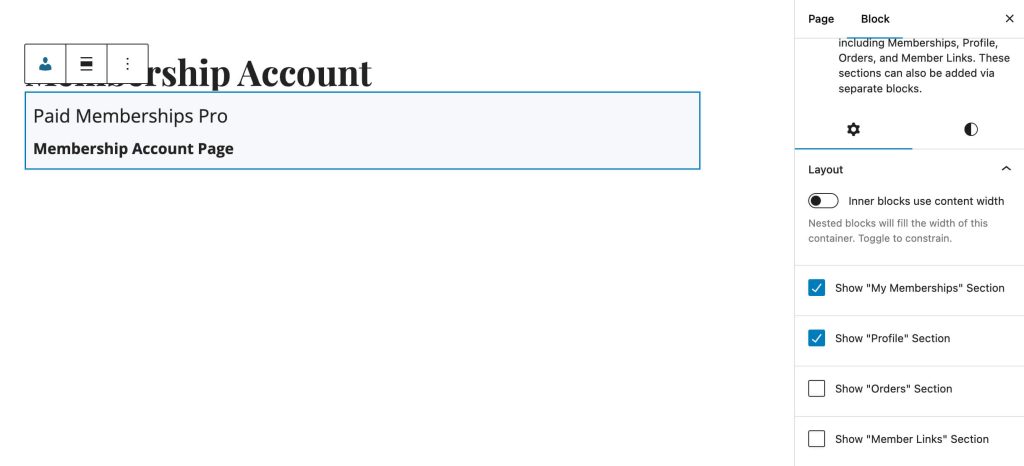 Membership Account Block with sections