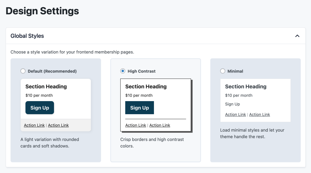 Memberships > Settings > Design screen in the WordPress admin of PMPro v3.1+