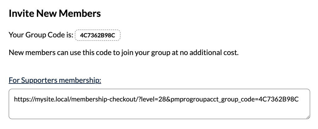 Parent Accounts and Admins can see the group code and direct checkout links using the PMPro Group Accounts Add On
