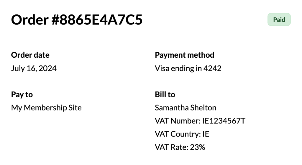 Screenshot of VAT information on the Order from membership checkout with the VAT Add On