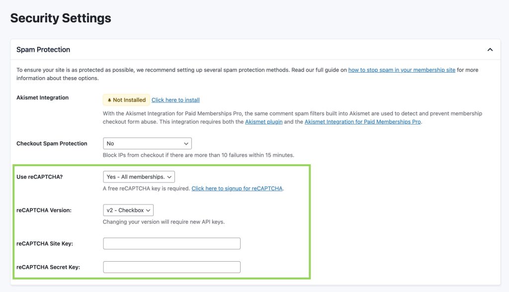 Screenshot to Configure PMPro to use reCAPTCHA