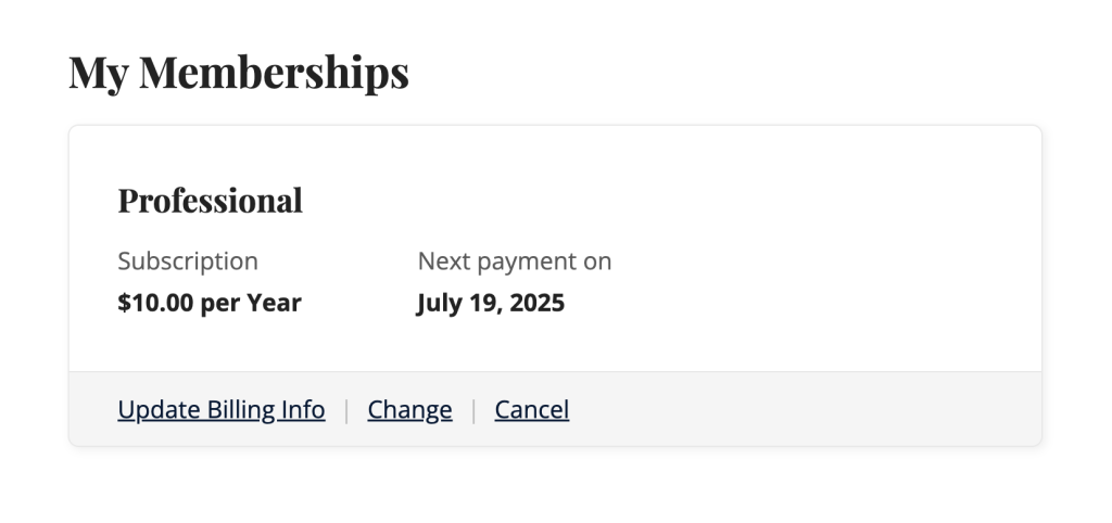 Screenshot of My Memberships on the Membership Account Page with option to Update Billing Info