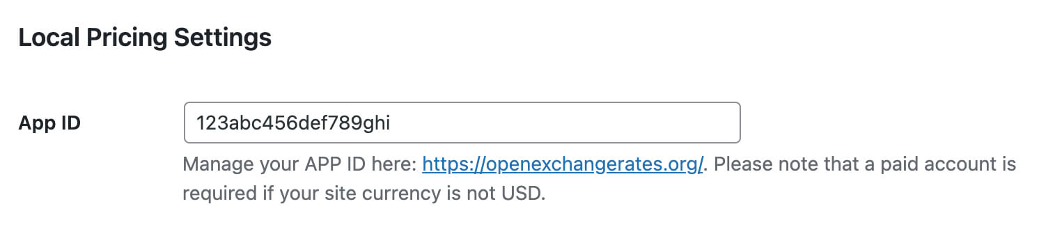 Screenshot of adding the App ID in the Local Pricing Settings area of the Membership Payment Gateway Settings