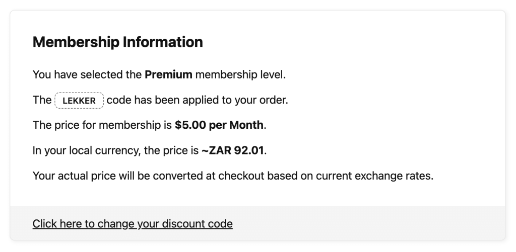 Local Pricing Add On at checkout where Discount Code is shown and applied at checkout because visitor is located in the linked region.