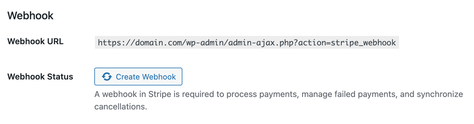 Stripe gateway settings to Create Webhook in PMPro admin settings screens