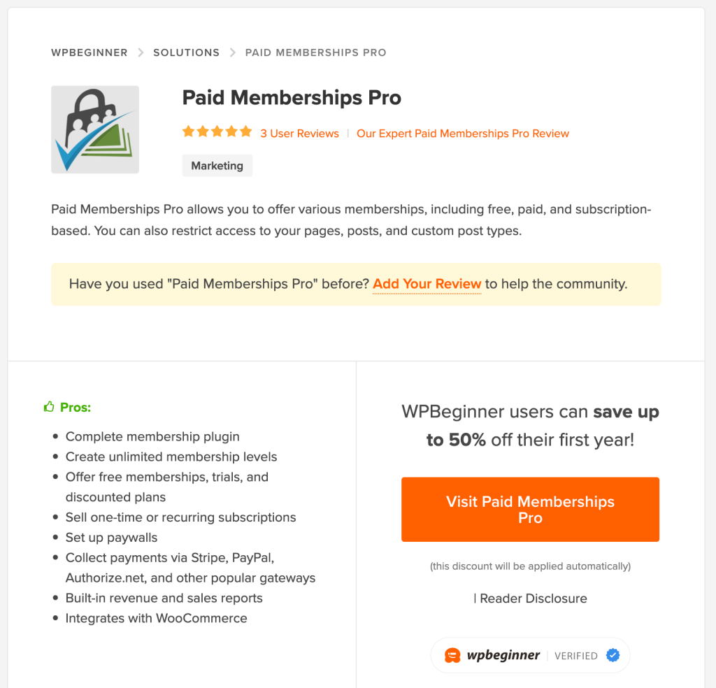 Screenshot of WPBeginner Review of Paid Memberships Pro