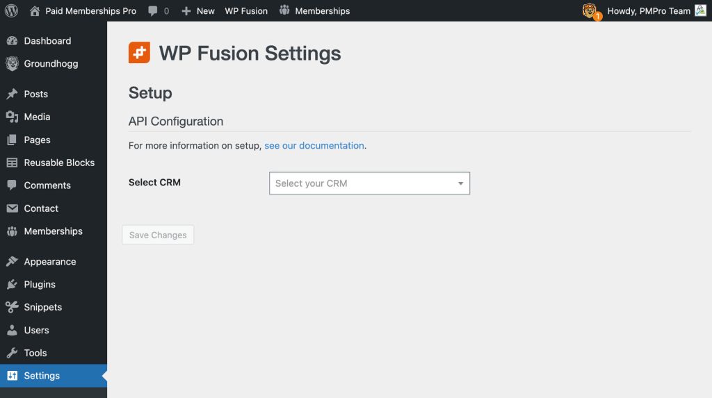 Screenshot of selecting Groundhogg as your CRM in WP Fusion