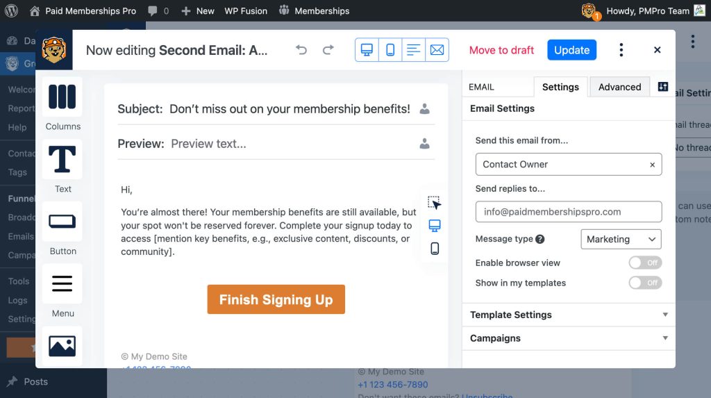 Screenshot of editing the second email in Groundhogg funnel