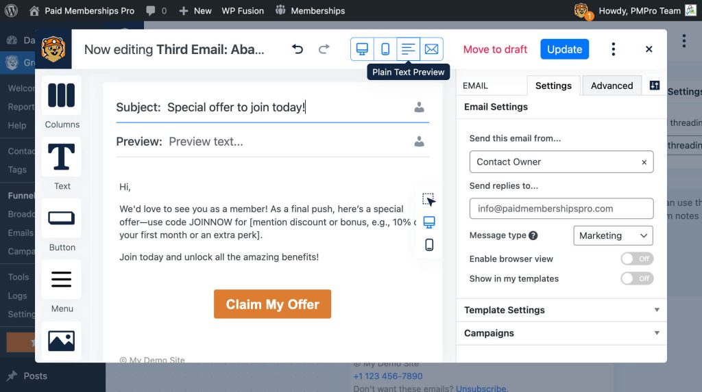 Screenshot of editing the third email in the Groundhogg funnel