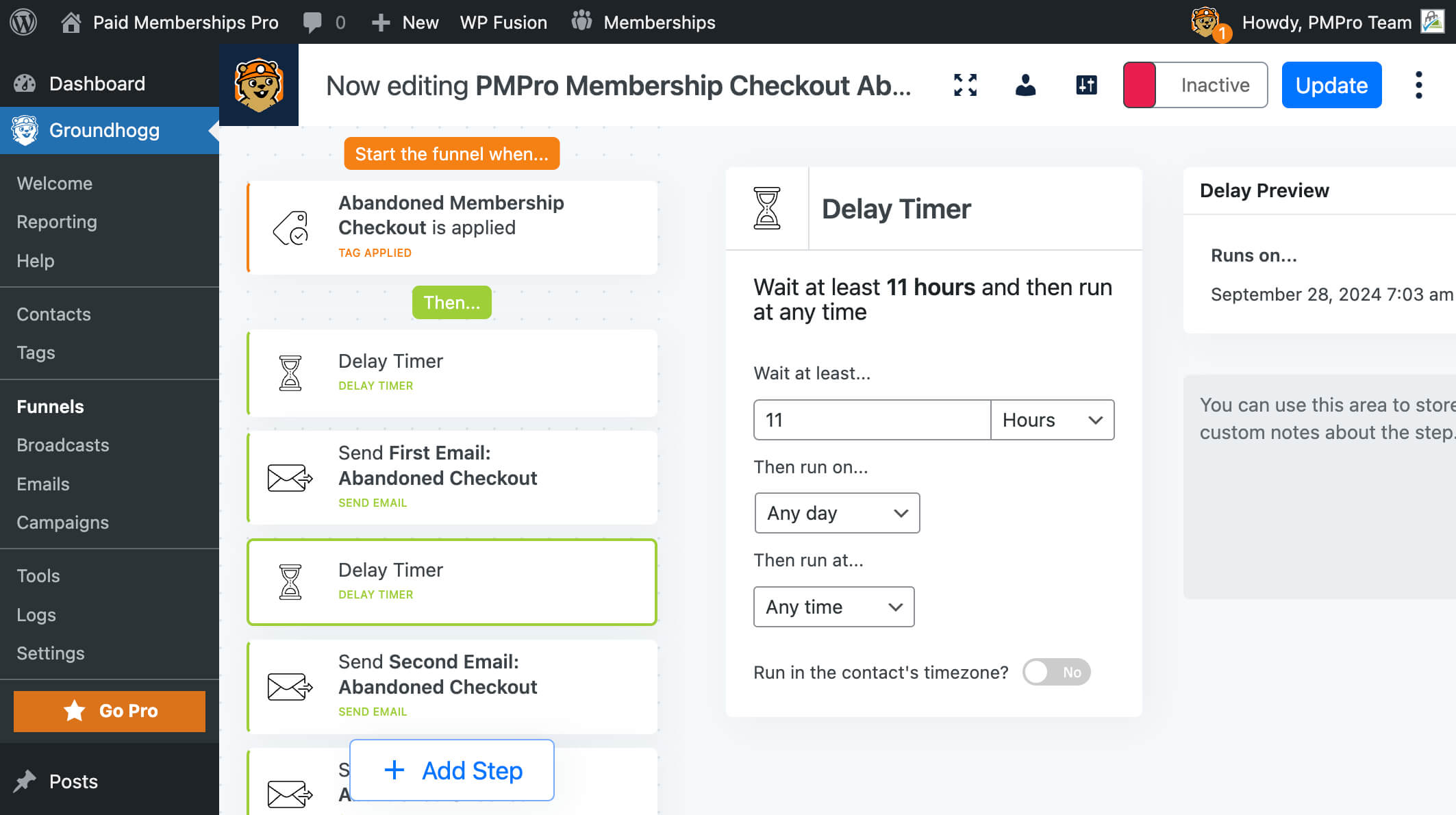 Screenshot of setting a delay timer on the second email in the Groundhogg funnel