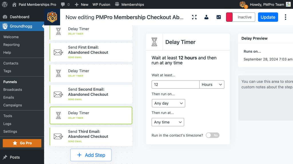 Screenshot of setting the delay timer for the third email in the Groundhogg funnel