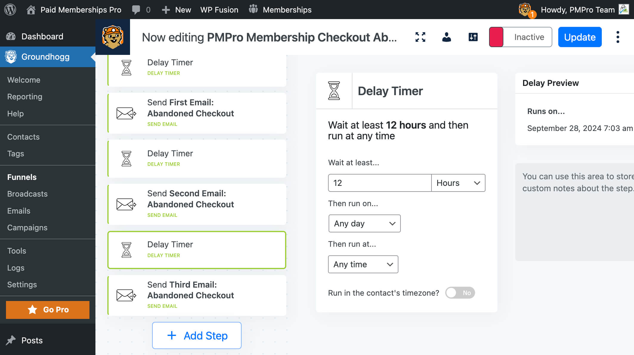 Screenshot of setting the delay timer for the third email in the Groundhogg funnel