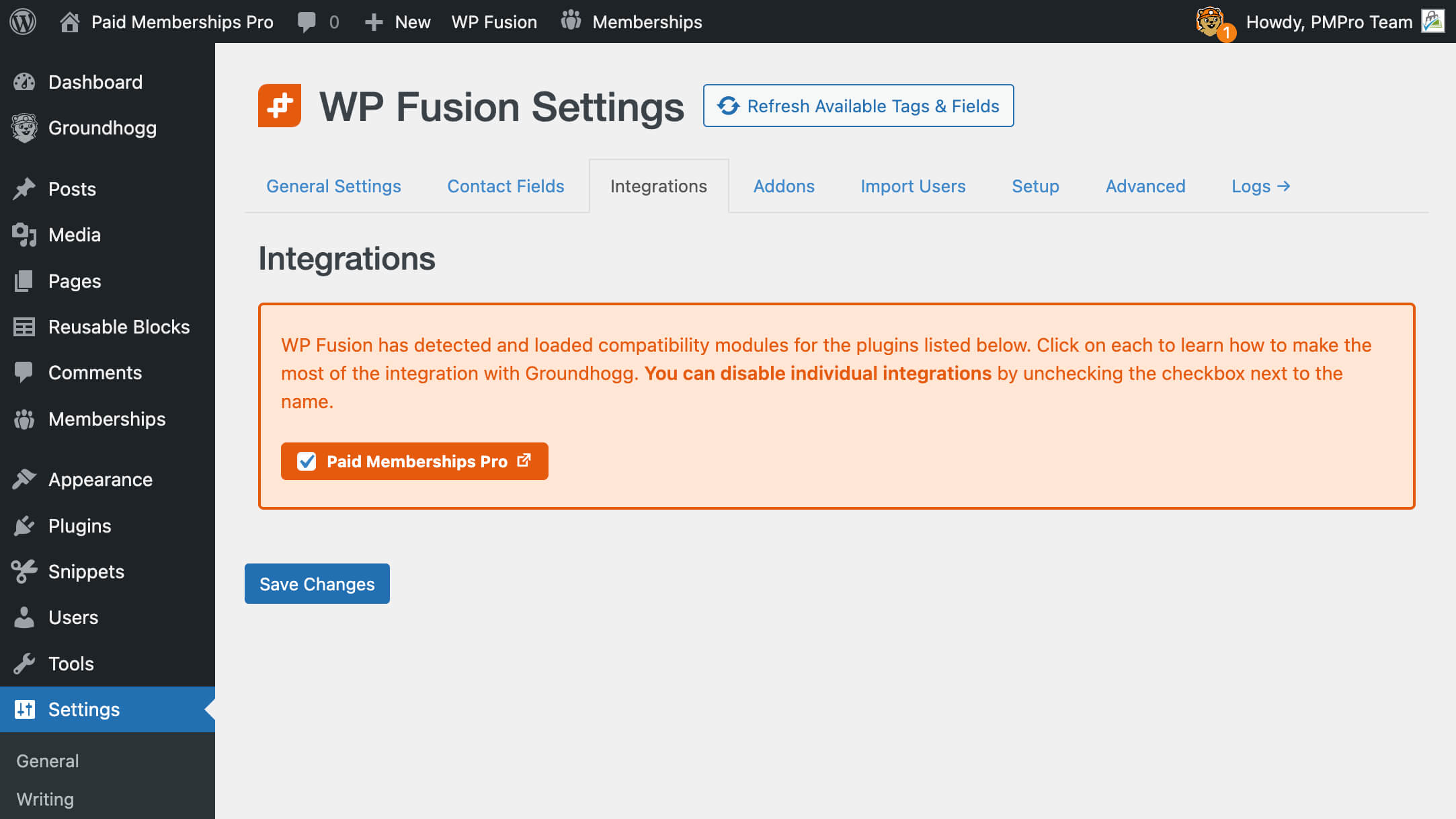 Screenshot of enabling the PMPro Integration with WP Fusion 