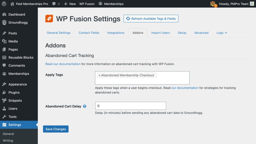 Screenshot of setting WP Fusion to apply the tag you created