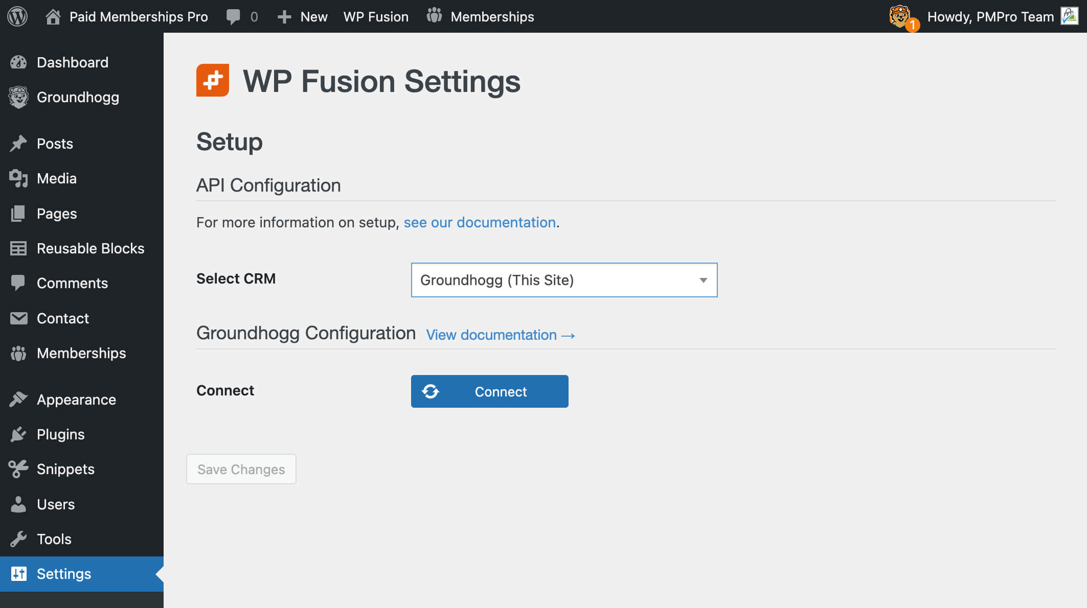 Screenshot of the WP Fusion Settings to connect Groundhogg to WP Fusion