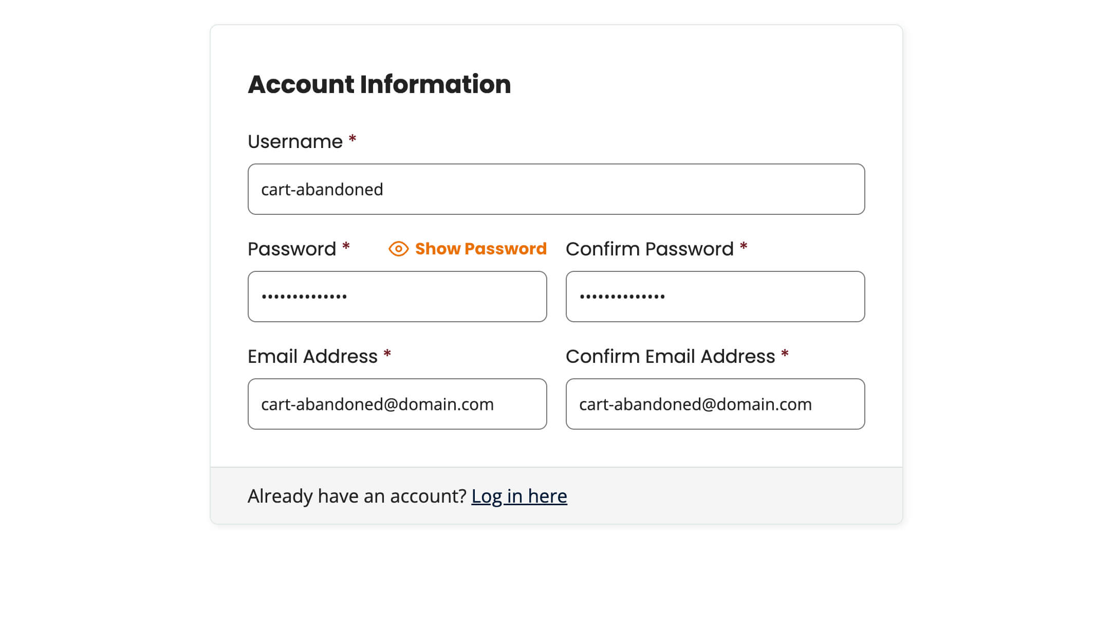 Screenshot of account information on checkout page to test the cart abandonment funnel 