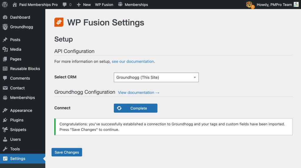 Screenshot of selecting Groundhogg as your CRM in WP Fusion and show successful connection.