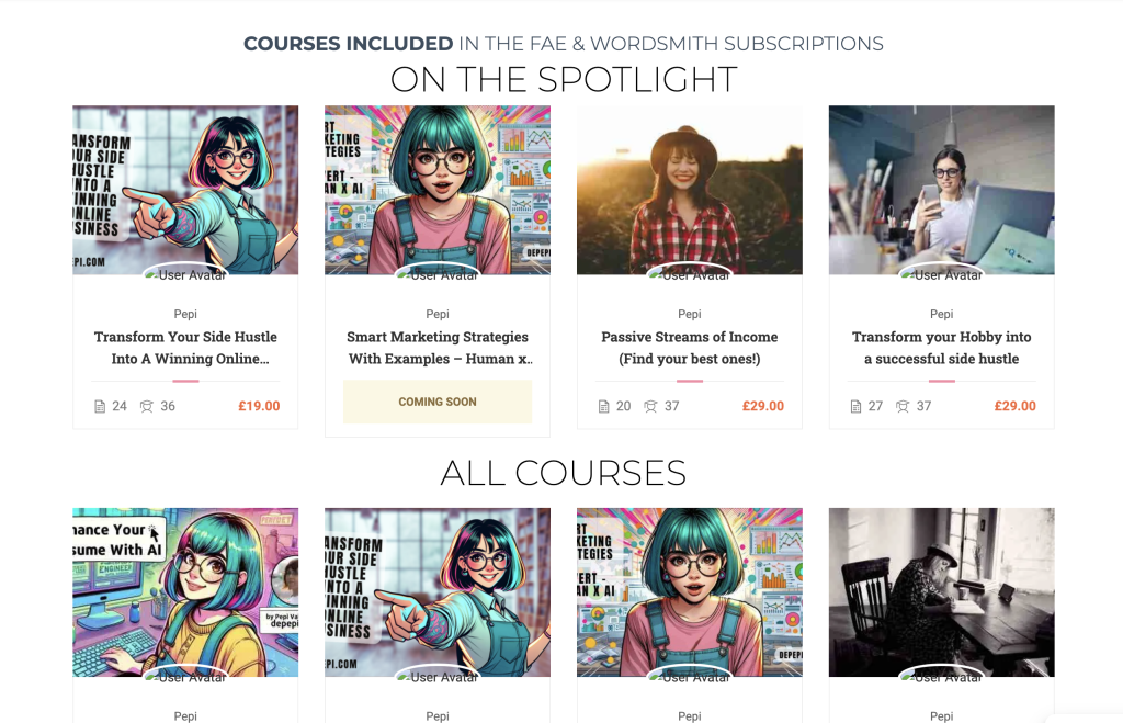 Screenshot of courses offered on DePepi