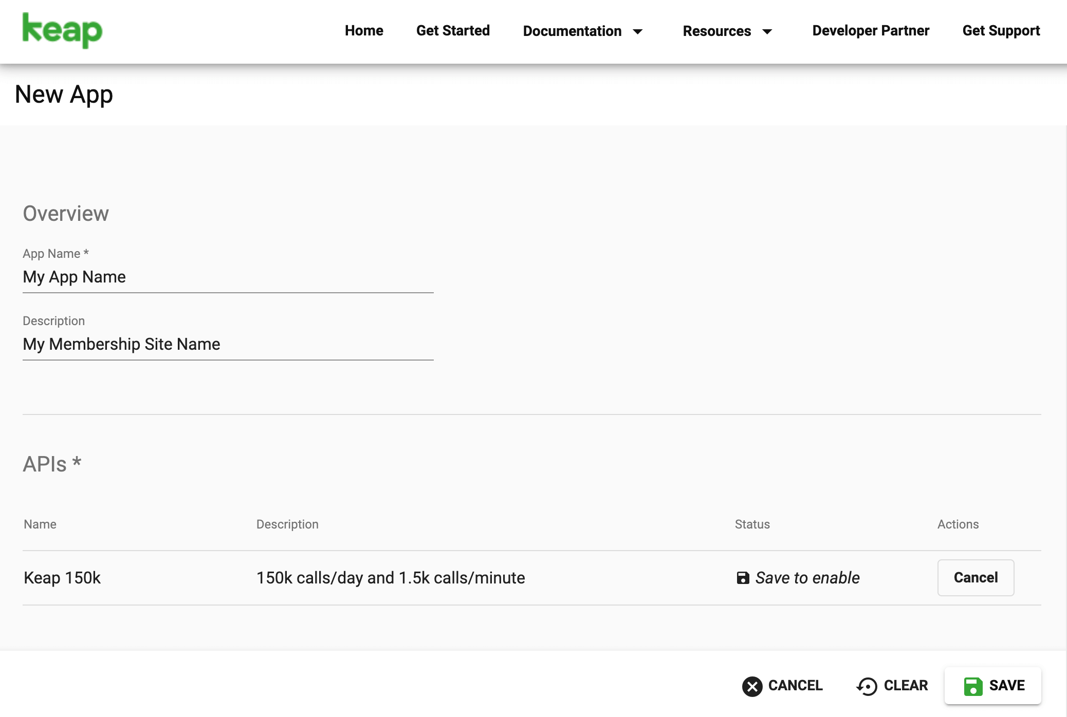 Screenshot of the Keap developer area to create a new App