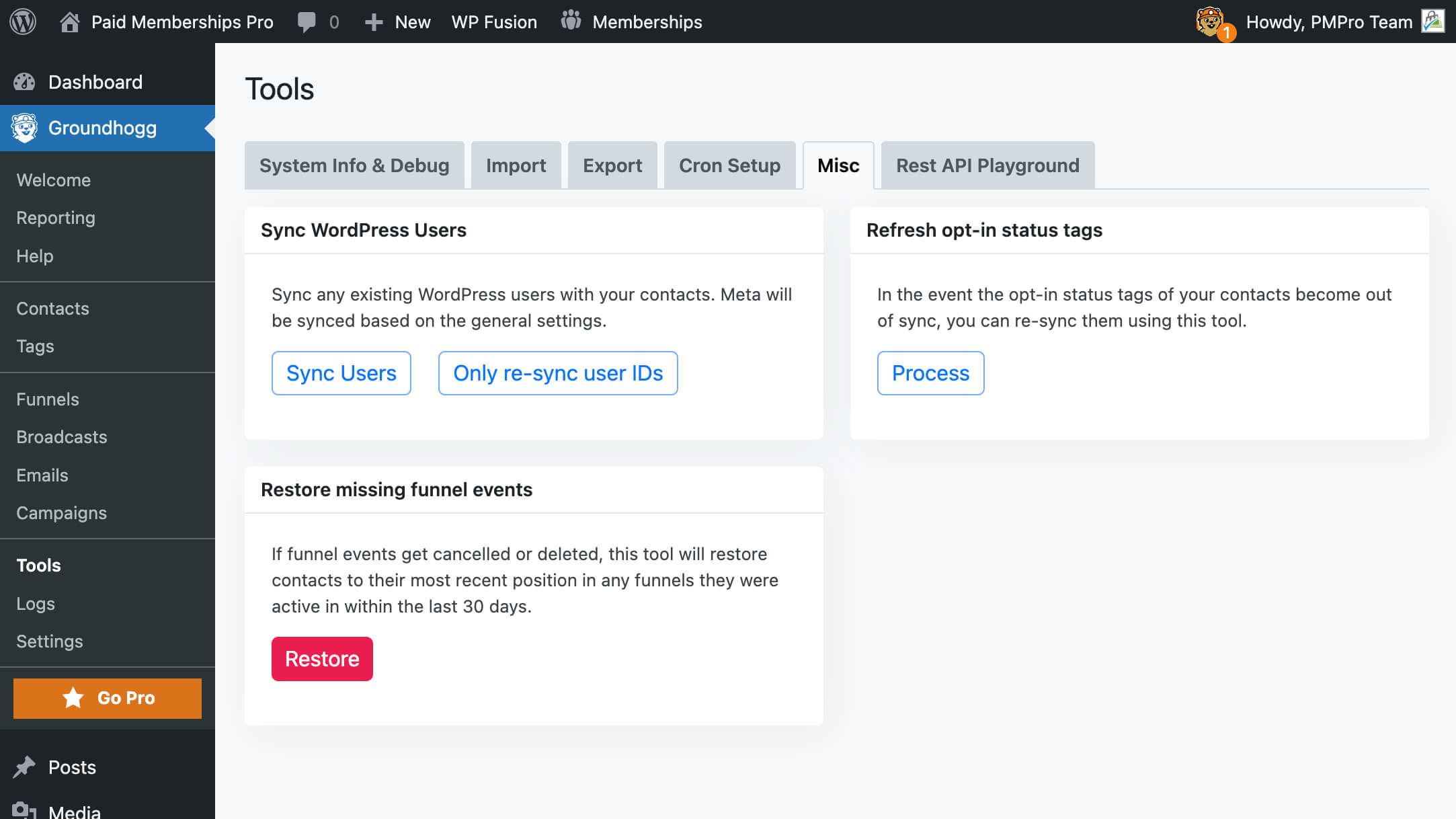 Screenshot of Grounghogg Tools with option to sync WordPress users