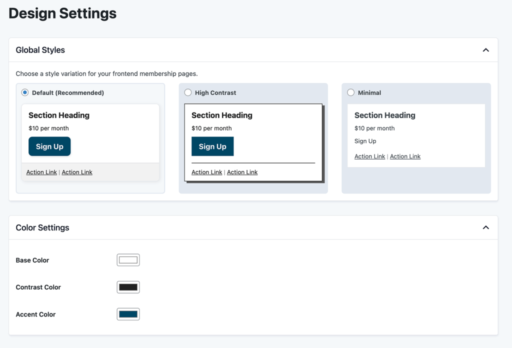 Screenshot of Design Settings in Paid Memberships Pro