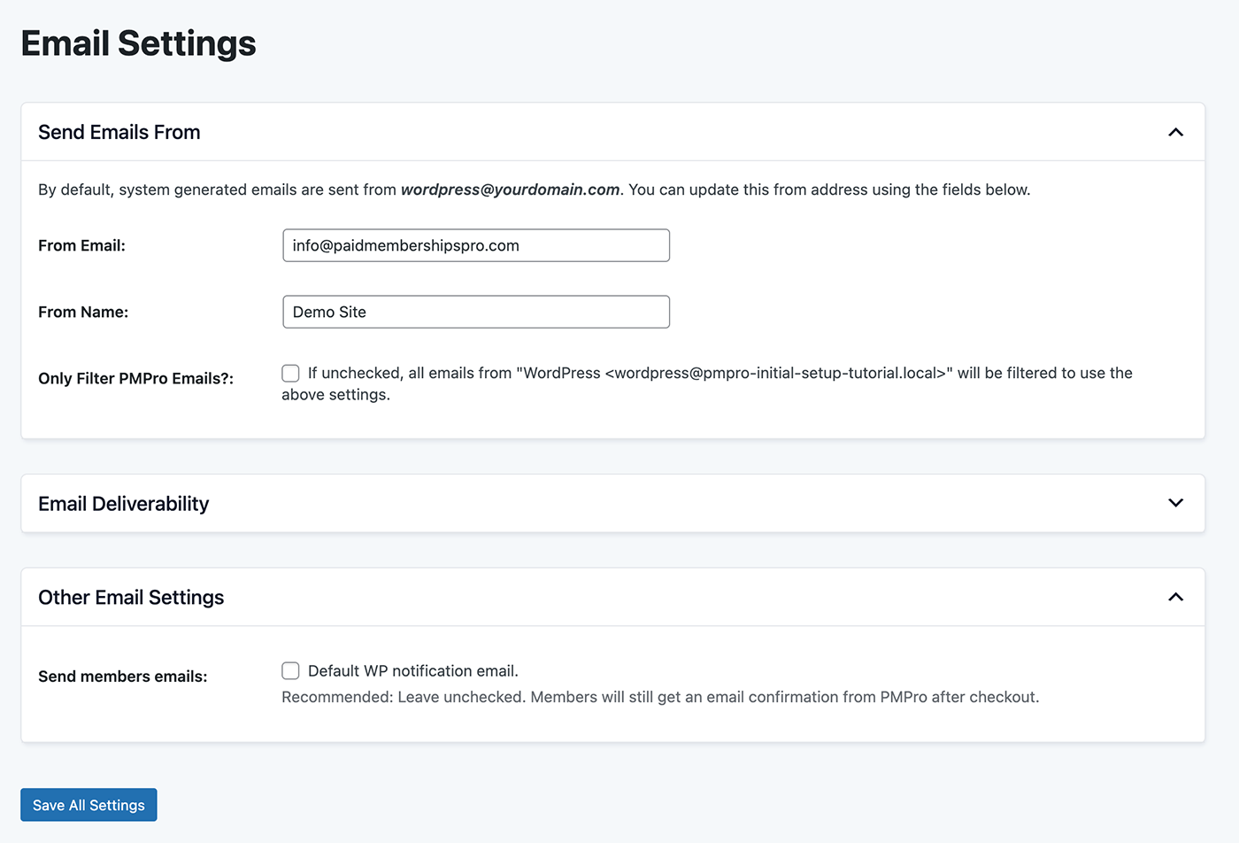 Screenshot of the Email Settings screen in Paid Memberships Pro