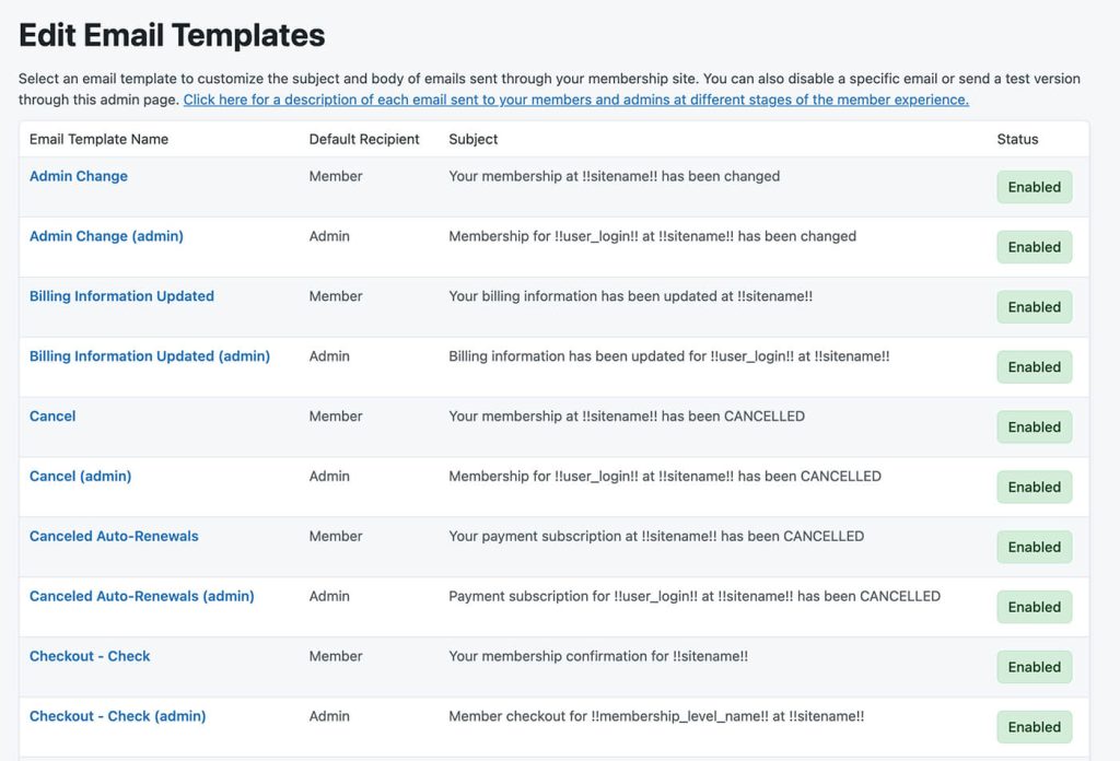 Screenshot of the Edit Email Template Table in Paid Memberships Pro v3.2