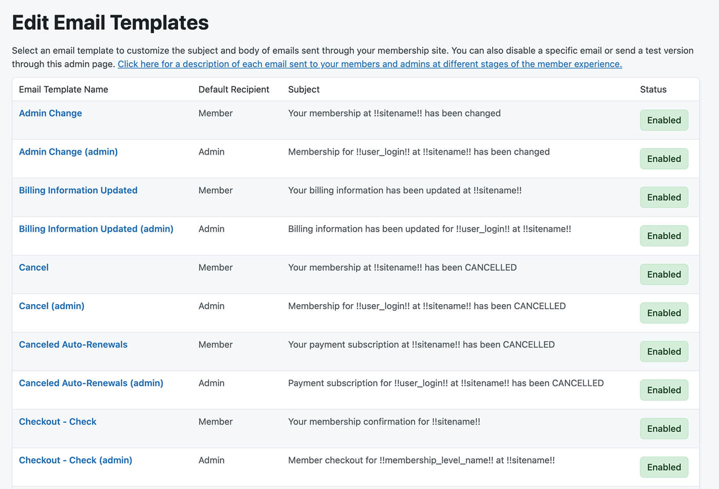 Screenshot of the new Edit Email Templates table in Paid Memberships Pro