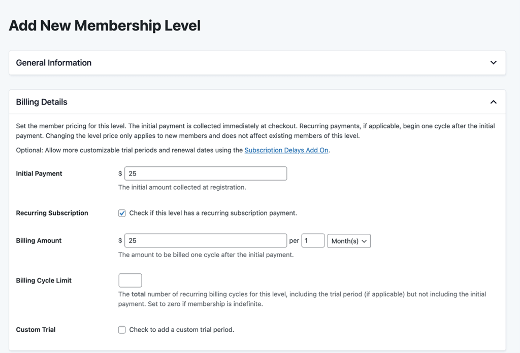 Screenshot of Add New Membership Level settings in Paid memberships Pro