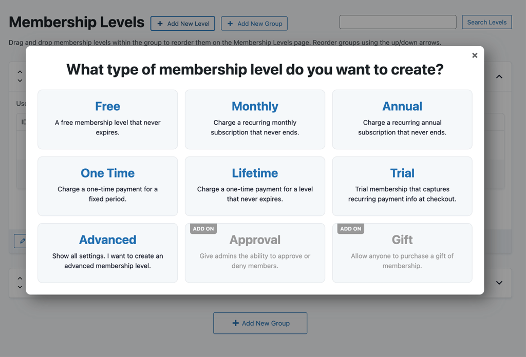 Screenshot of What type of membership level do you want to create? template options.