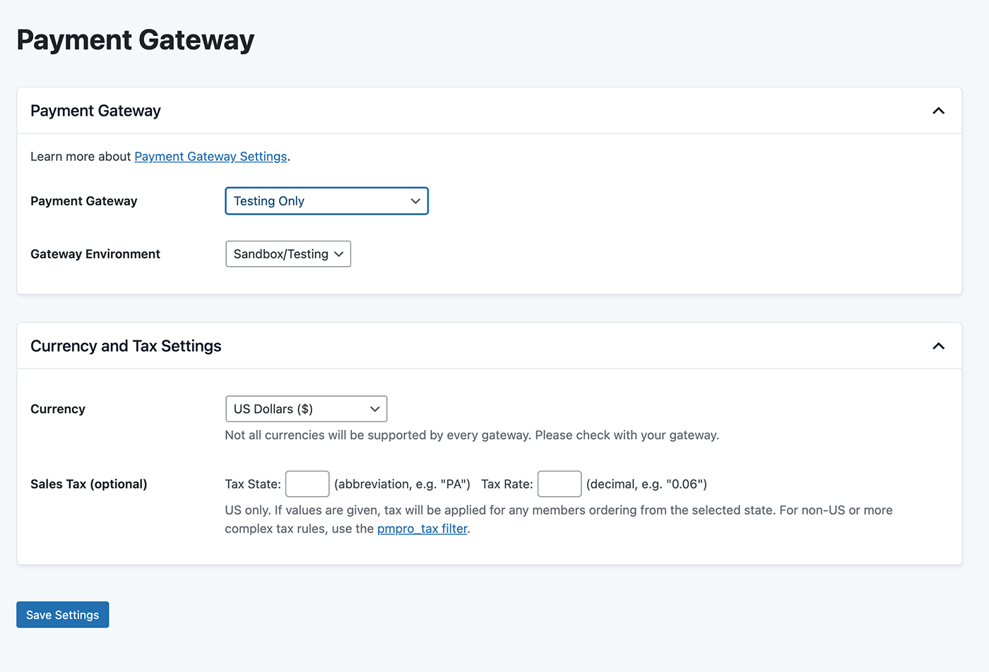 Screenshot of the Payment Gateway Settings screen in Paid Memberships Pro