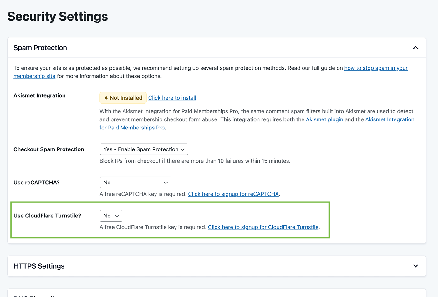 Screenshot highlighting new CloudFlare Turnstile option in Paid Memberships Pro security settings.